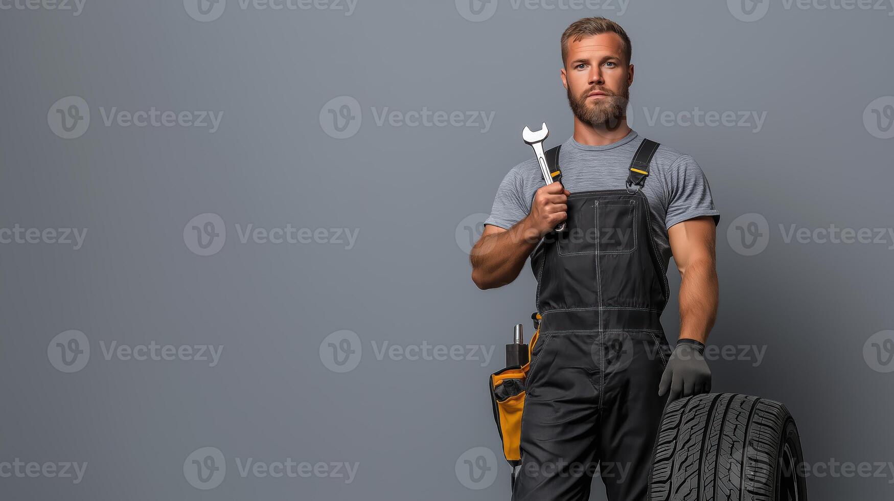 Dependable Mechanic Featuring Tire and Wrench on Gray Canvas photo