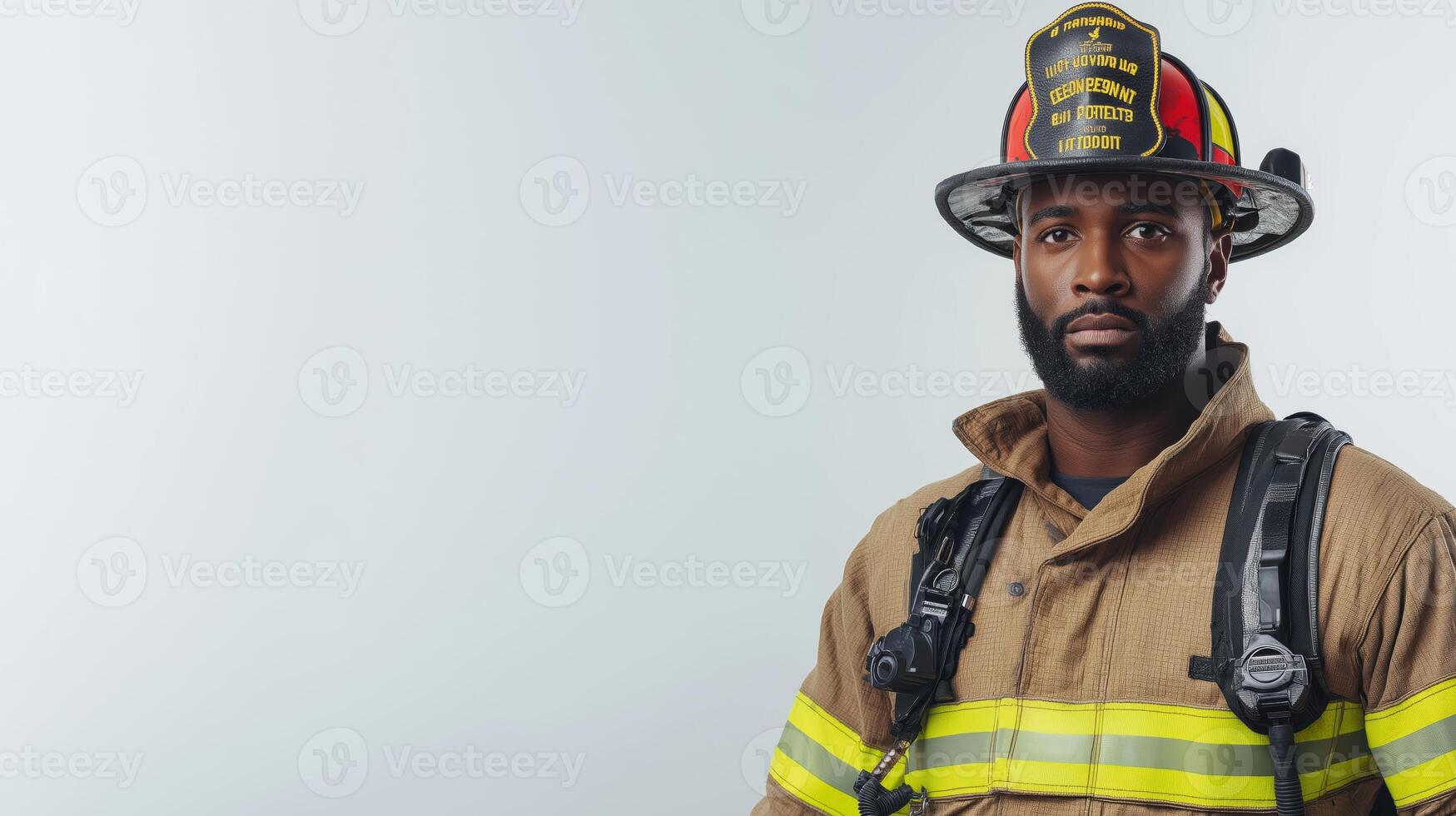 Intrepid Firefighter Displaying Gear in Modern White Setting photo