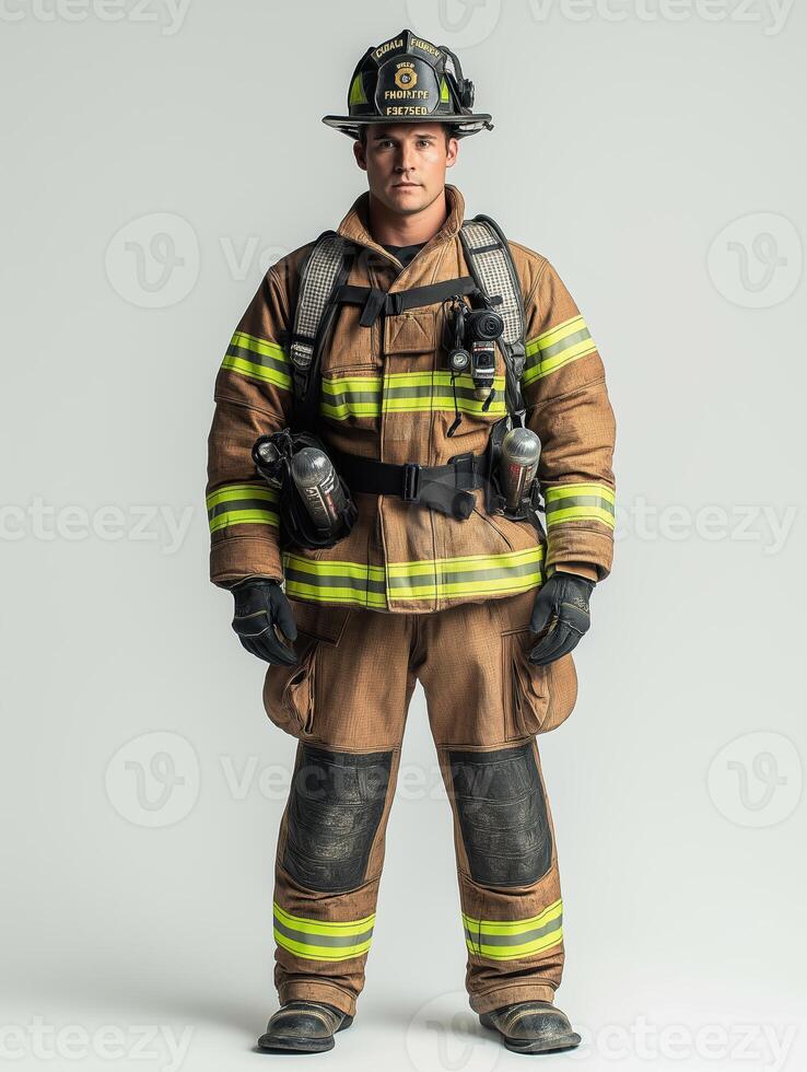 Inspiring Firefighter in Full Uniform Against Simple White Canvas photo