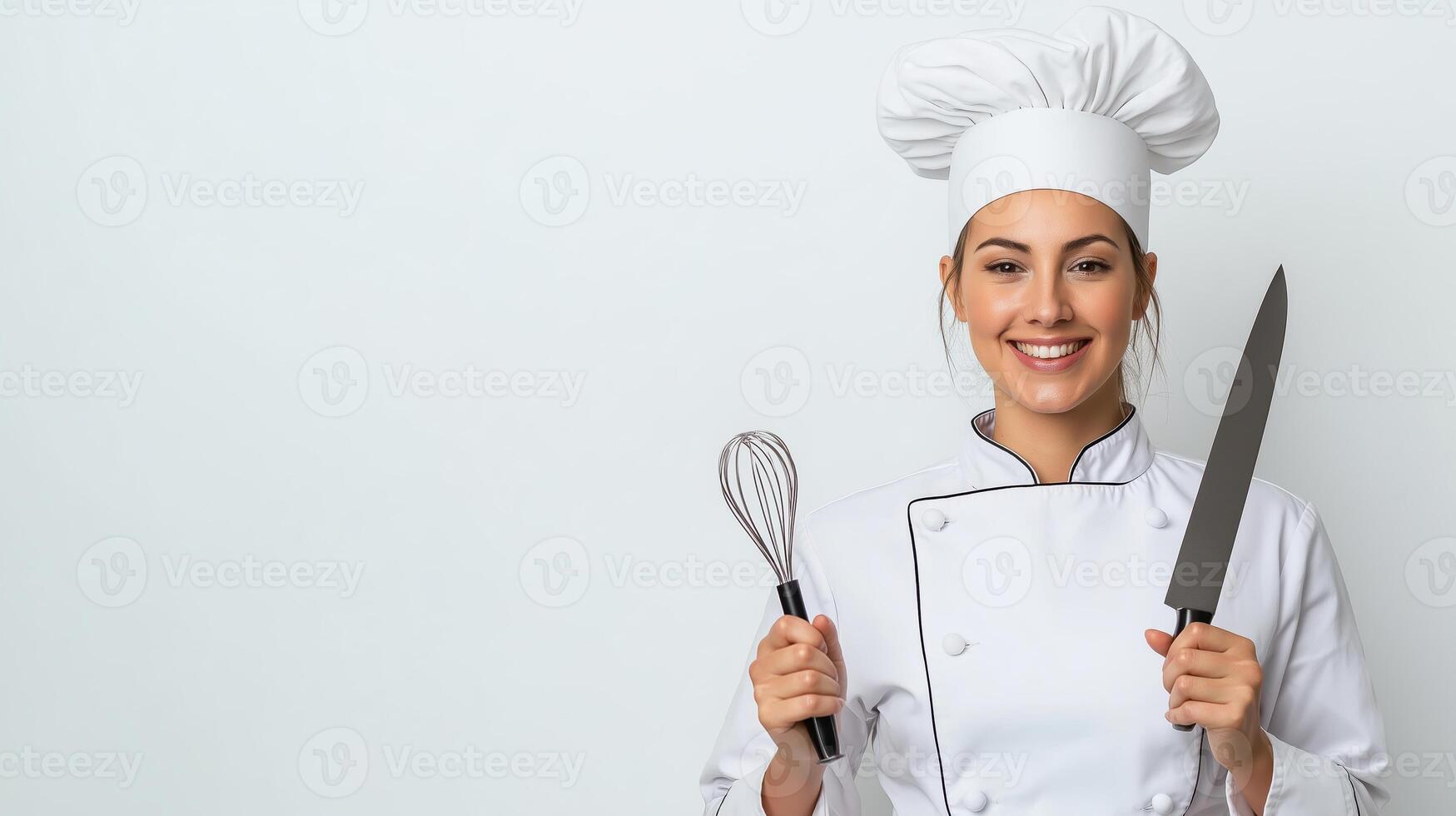 Smiling Chef Ready for Cooking with Knife and Whisk photo