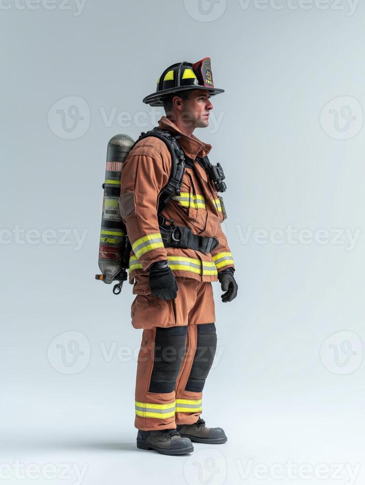 Brave Firefighter Posing Proudly in Complete Gear on White Canvas photo