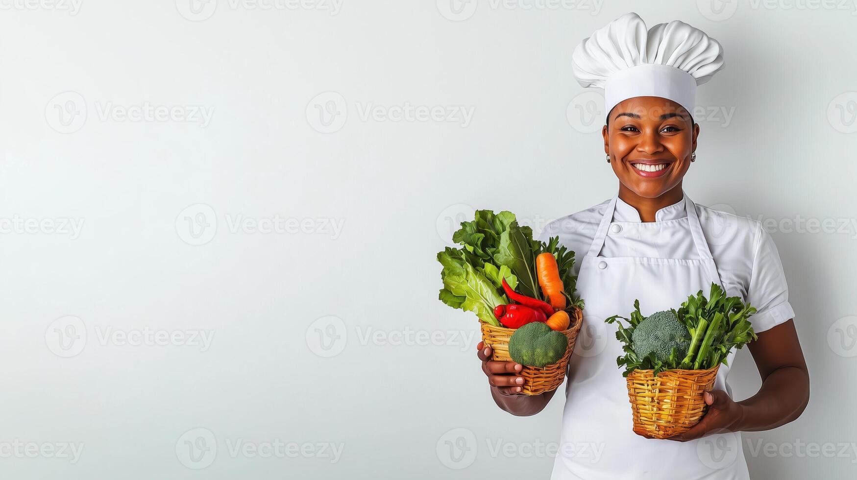 Happy Chef Showcasing Fresh Vegetables in White Apron photo