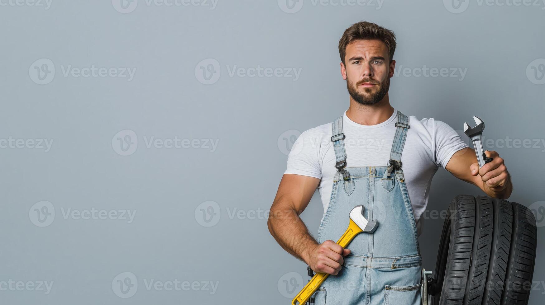 Focused Mechanic Posing with Wrench and Tire in Clean Design photo