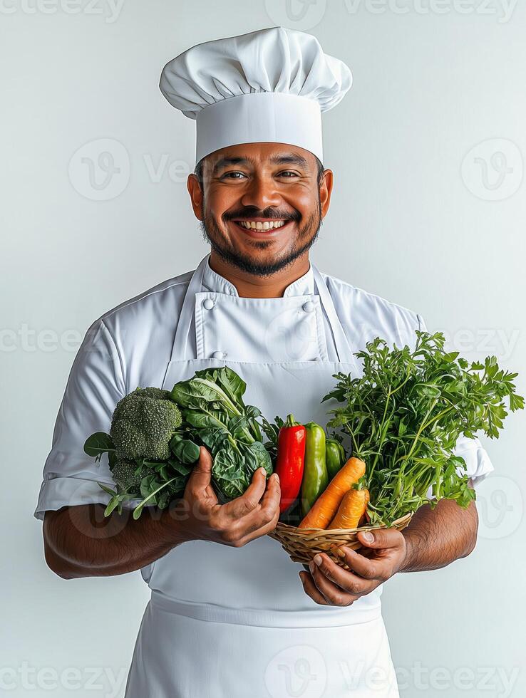 Beaming Chef with Colorful Veggies on Crisp White Backdrop photo