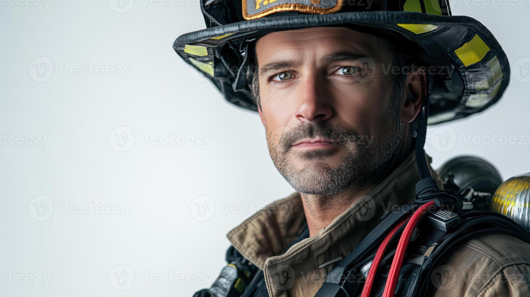 Fearless Firefighter in Full Uniform Standing with Authority photo