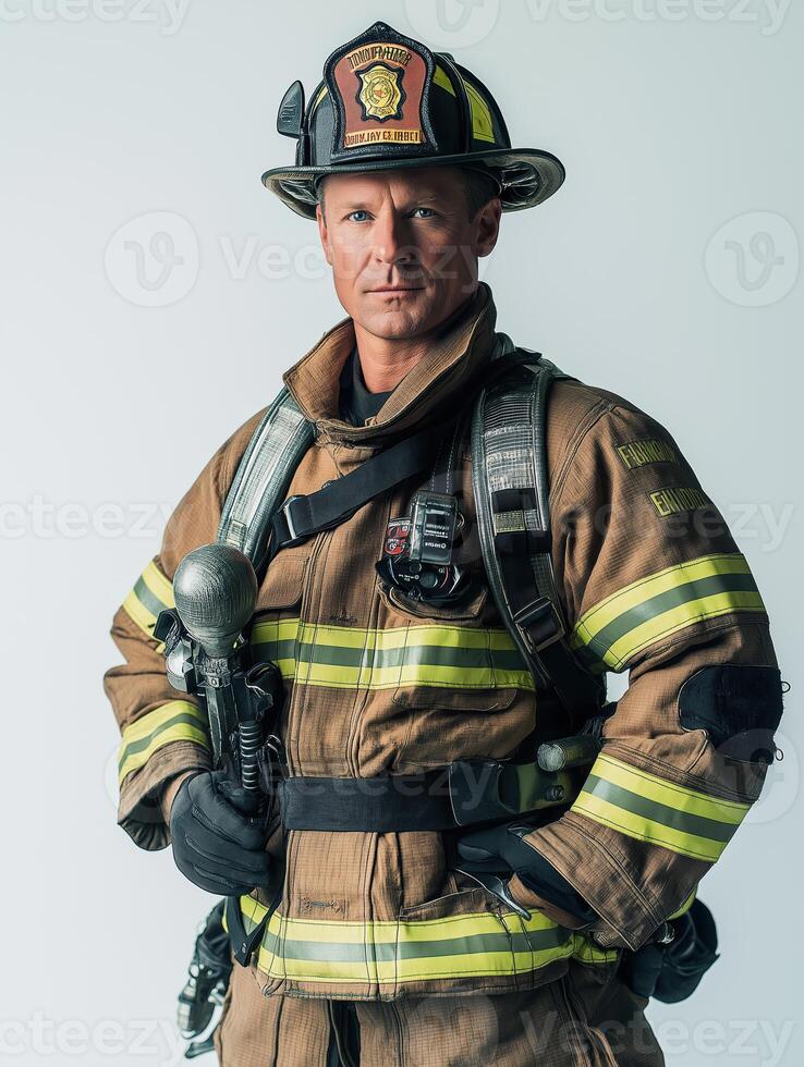 Unyielding Firefighter in Full Uniform Displaying Courage photo