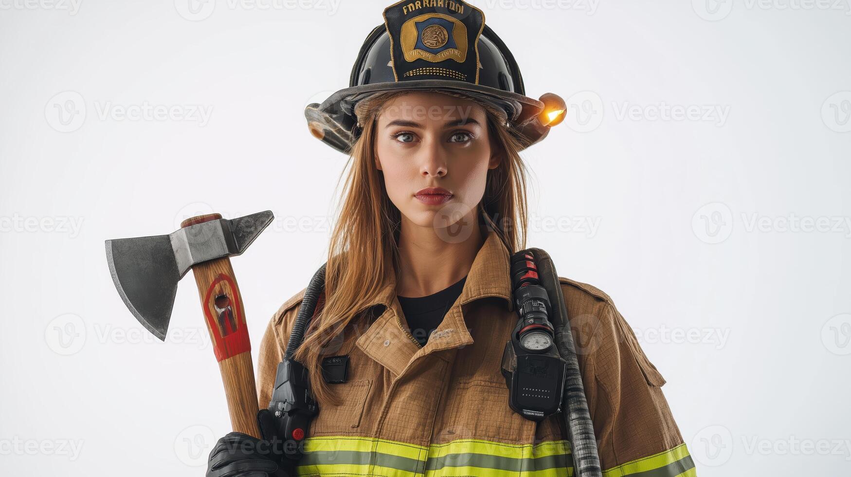 Powerful Female Firefighter Ready for Action with Axe photo