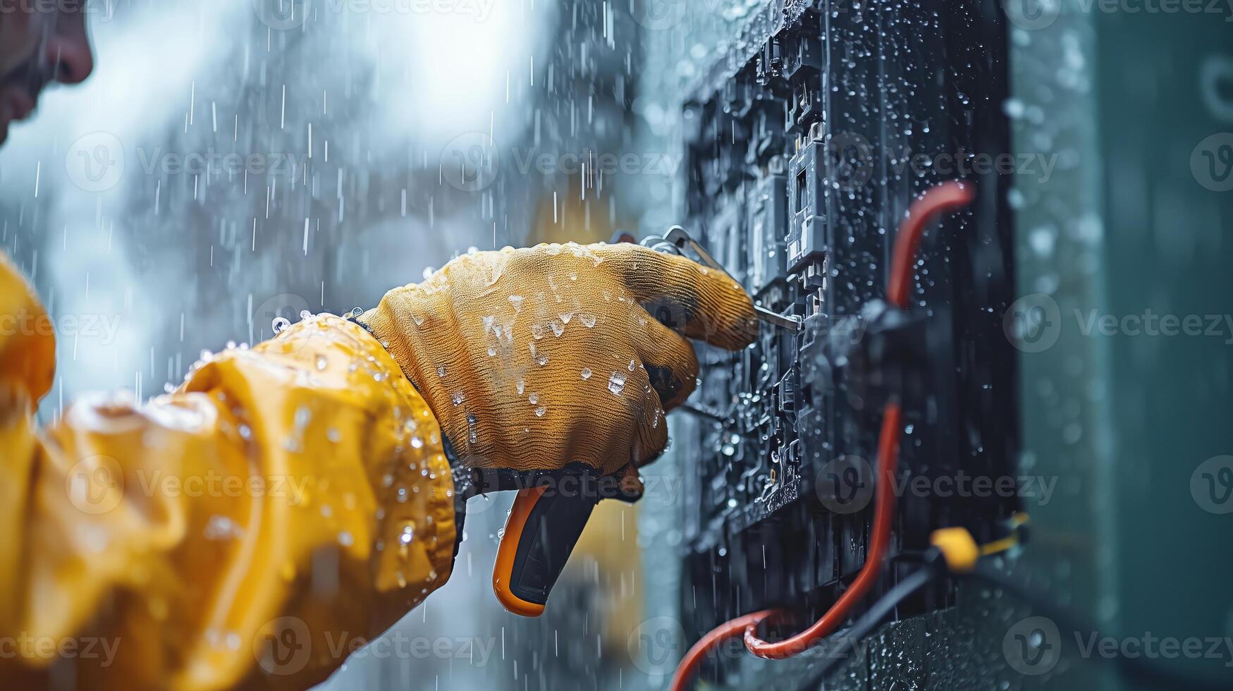 Close-Up of Electrician Working on Electrical Box in Light Rain photo