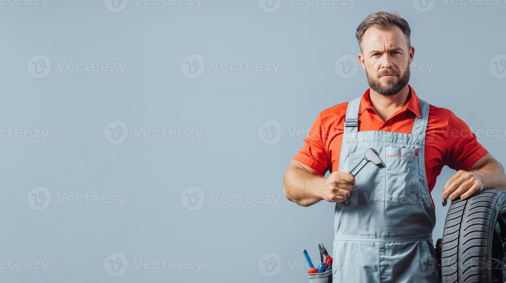 Confident Mechanic Displaying Wrench and Tire in Minimalist Setting photo