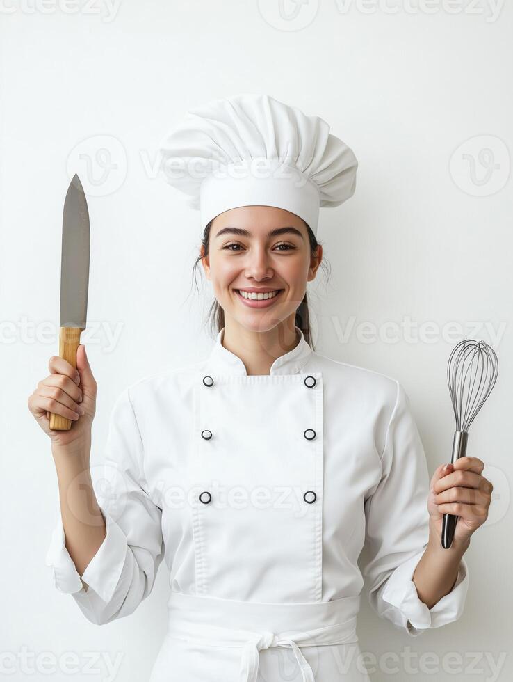 Half Body Portrait of Chef in Toque Against Minimalist Backdrop photo