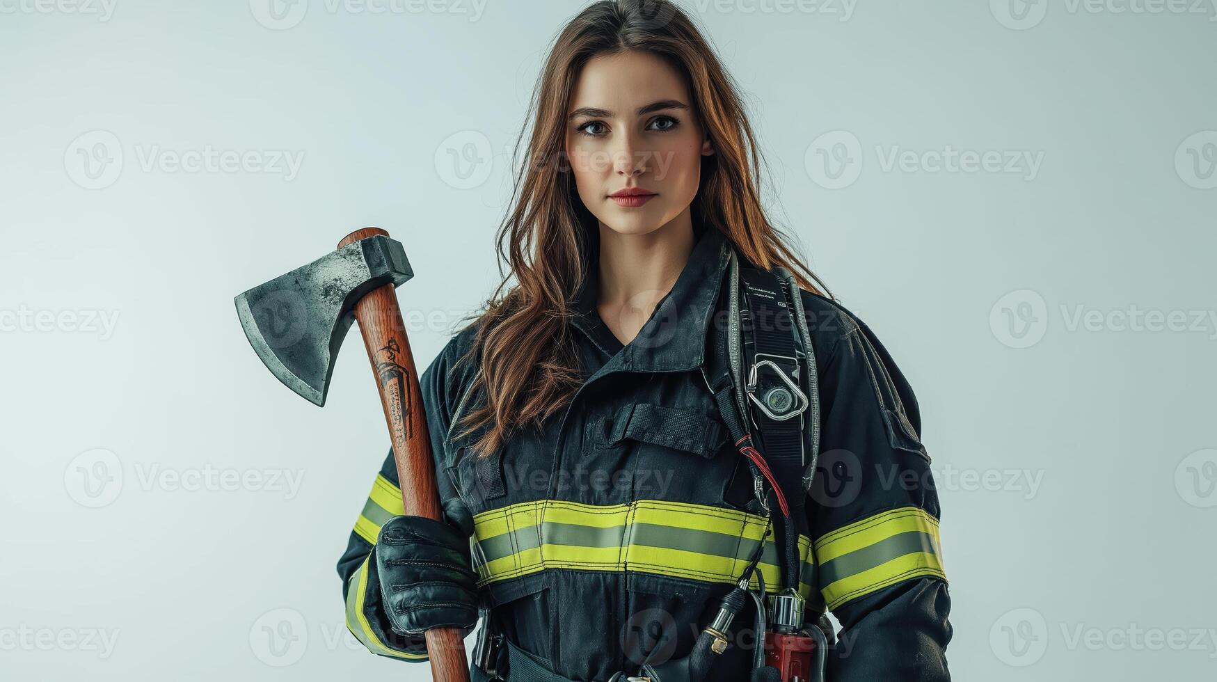 Strong Posture of Firefighter with Axe Against White Background photo