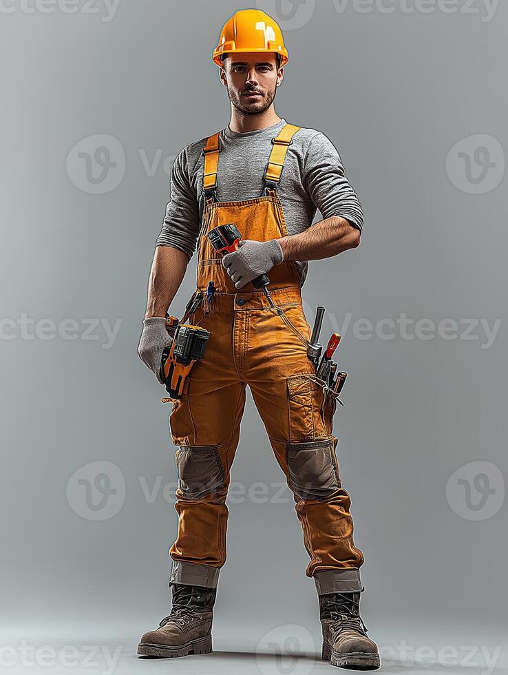 Gray Background Showcasing Strength of Construction Worker photo