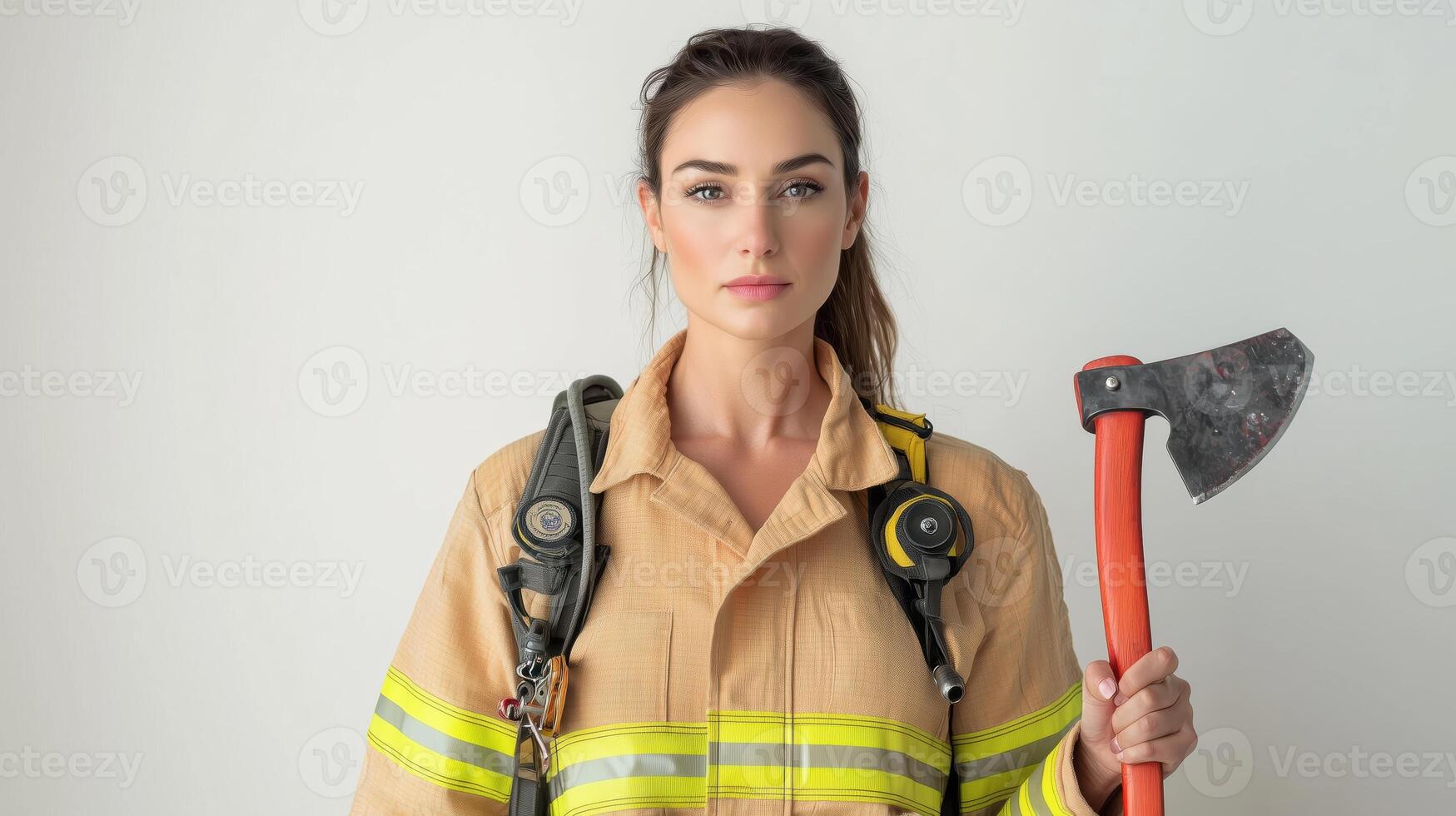 Attentive Female Firefighter in Uniform Holding Axe photo