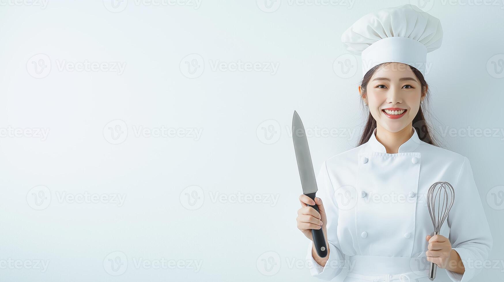 Confident Chef Posing with Professional Knife and Whisk photo