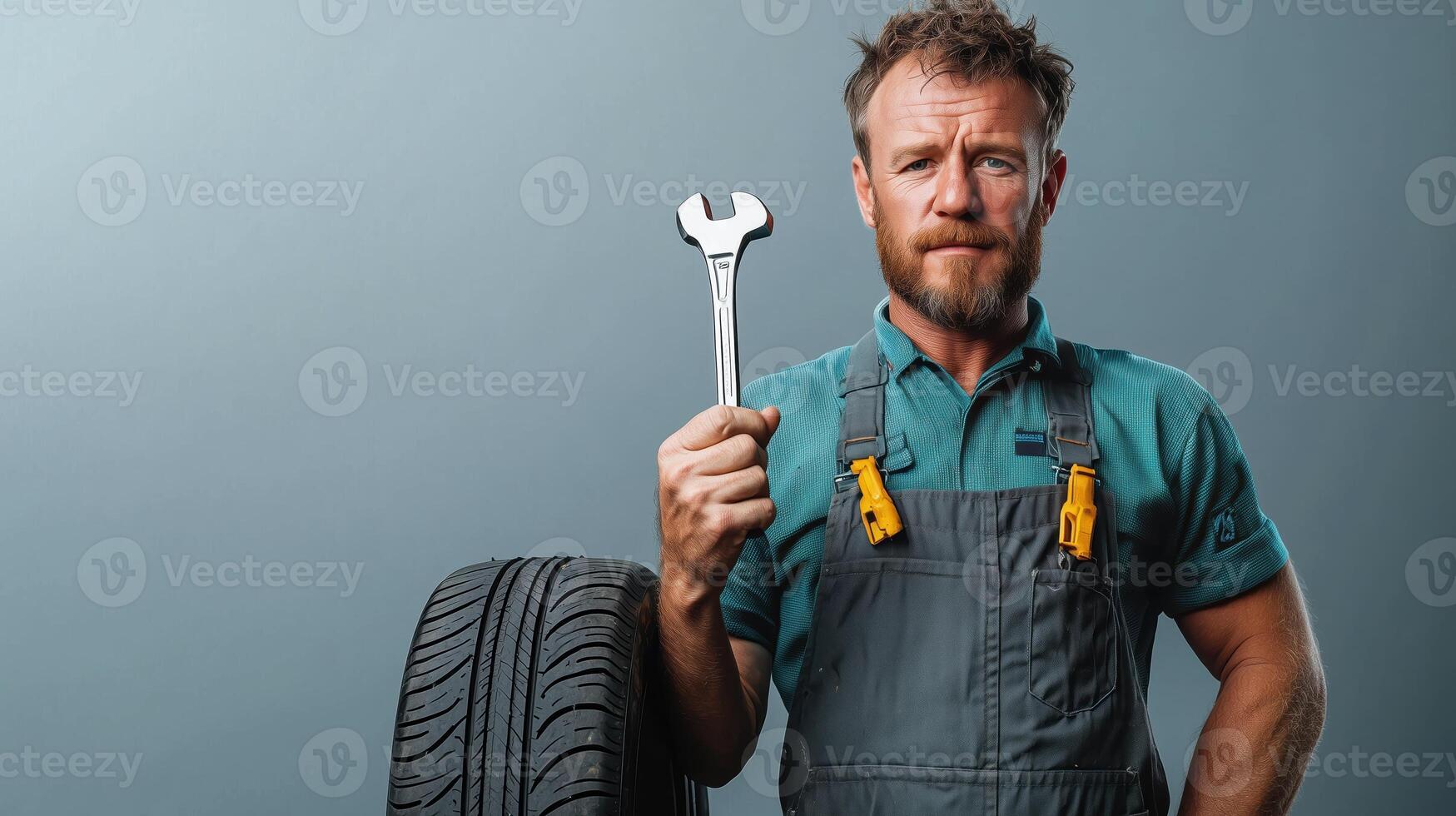 Passionate Mechanic Holding Tire and Wrench Against Simple Gray photo