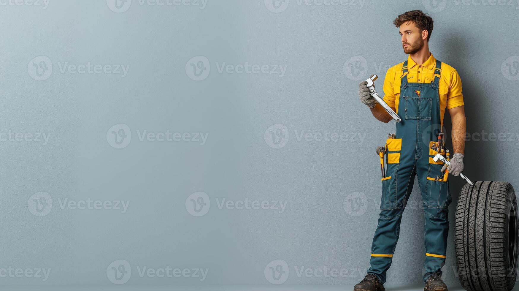 Mechanic in Overalls Holding Wrench and Tire in Neutral Space photo