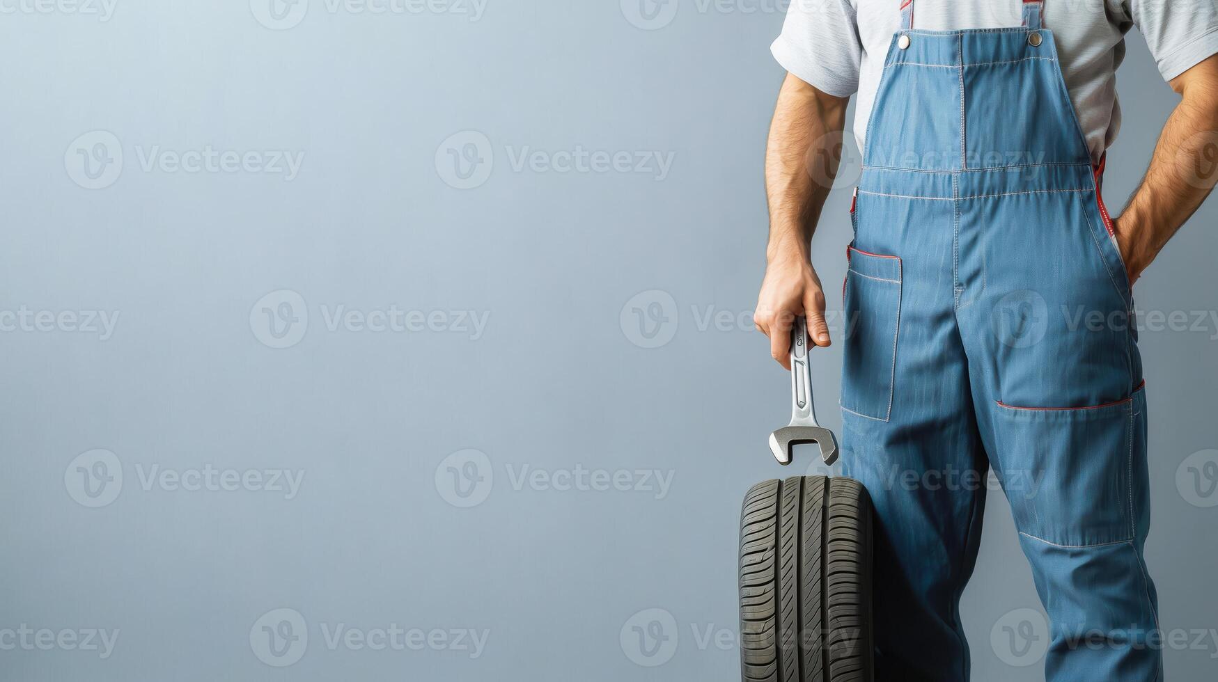 Mechanic Posing with Essential Tools and Tire in Simple Setting photo