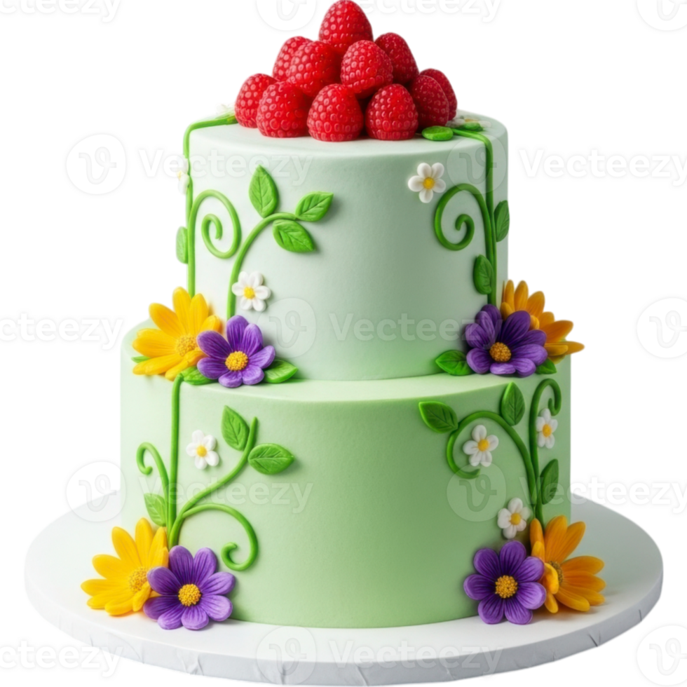 Whimsical Two Tiered Cake with Raspberries and Flowers png