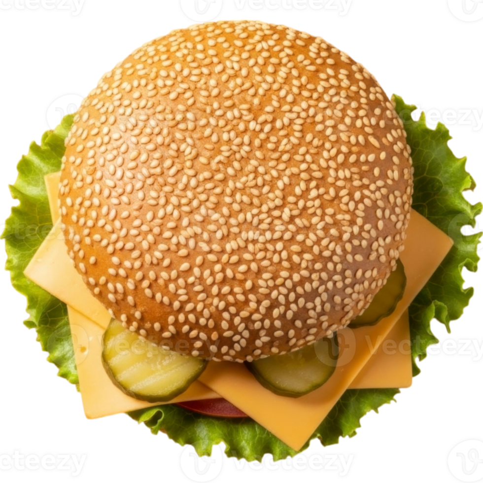 Overhead Burger with Sesame Bun, Cheese, Lettuce Transparent Background png