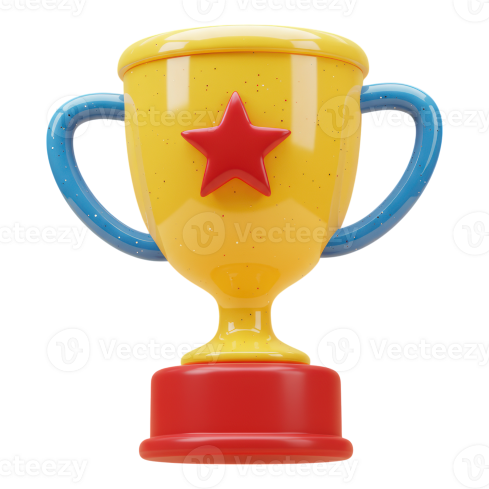 Vibrant Yellow Trophy with Red Star and Blue Handles Transparent Background png