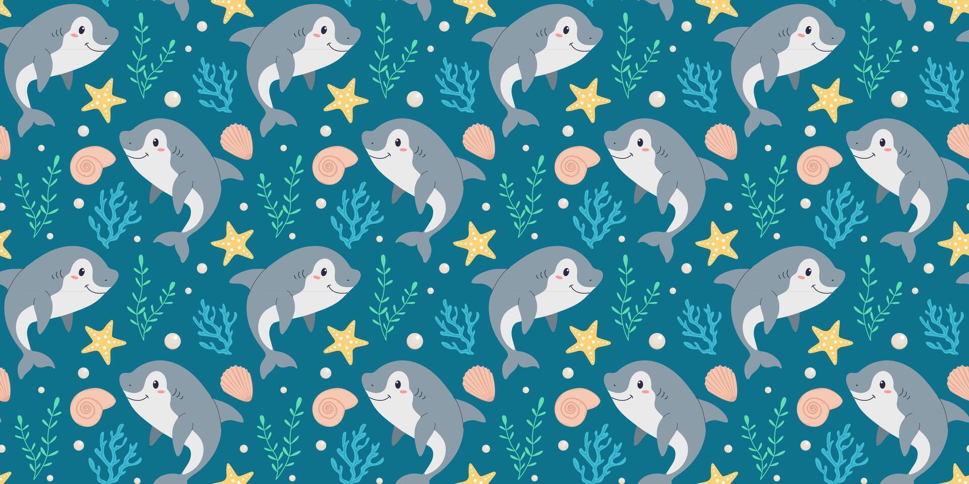 Seamless pattern with cute sharks, starfish, shells. . Marine summer background. Trendy pattern in flat style, design for wrapping paper, wallpaper, stickers, notebook cover. vector