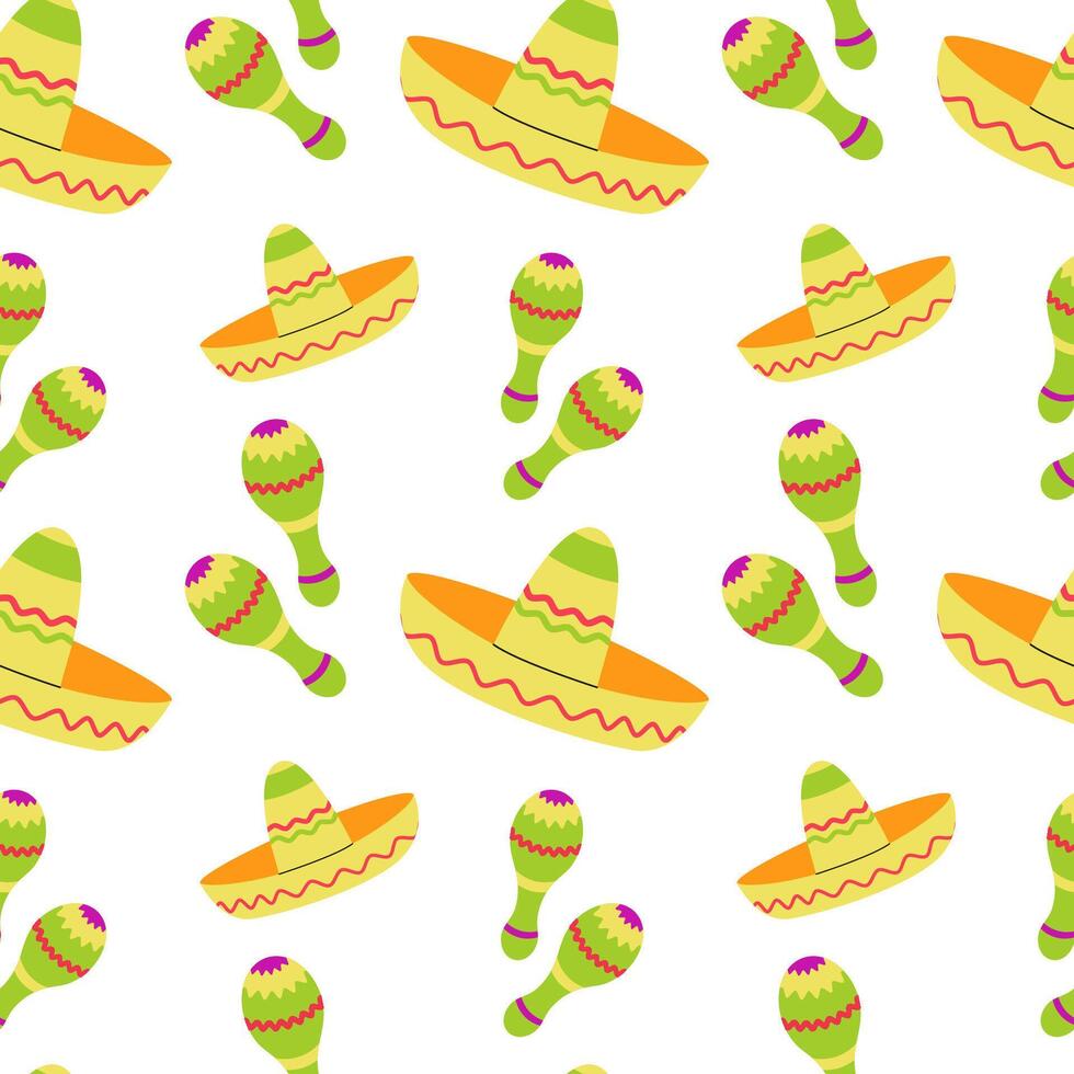 Mexican culture pattern, maracas,, sombrero on white background. Cinco de Mayo texture, print, background for banner, and other designs vector