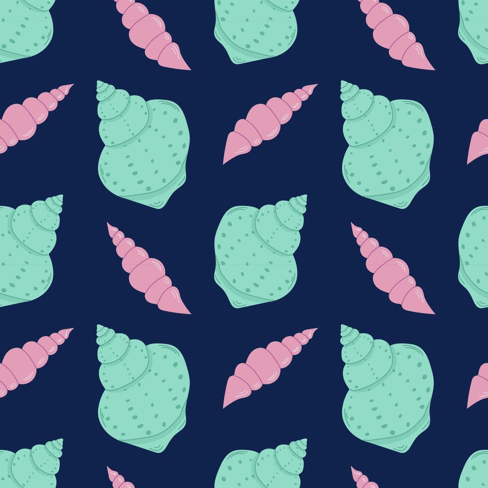 Seamless pattern shells on a blue background. Marine summer background. Trendy pattern in flat style, design for wrapping paper, wallpaper, stickers, notebook cover. vector