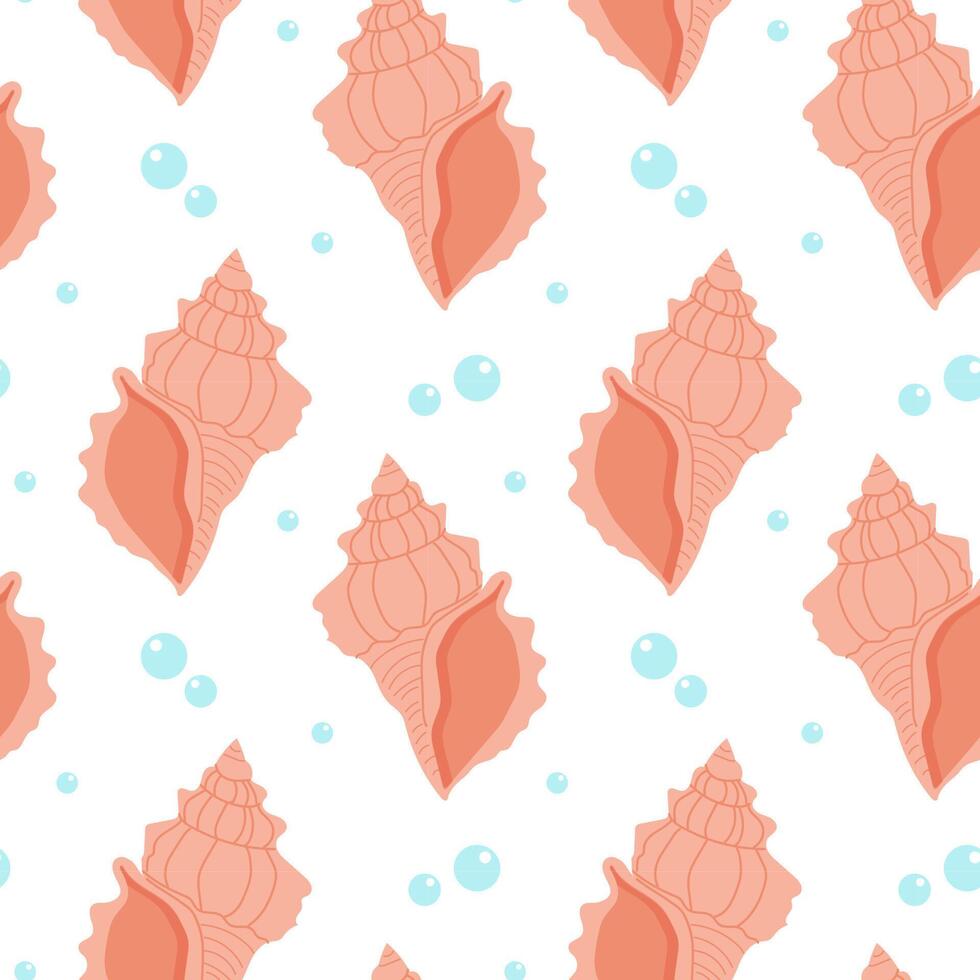 Seamless pattern with shells and bubbles. Seashell summer background. Trendy pattern in flat style, design for wrapping paper, wallpaper, stickers. vector