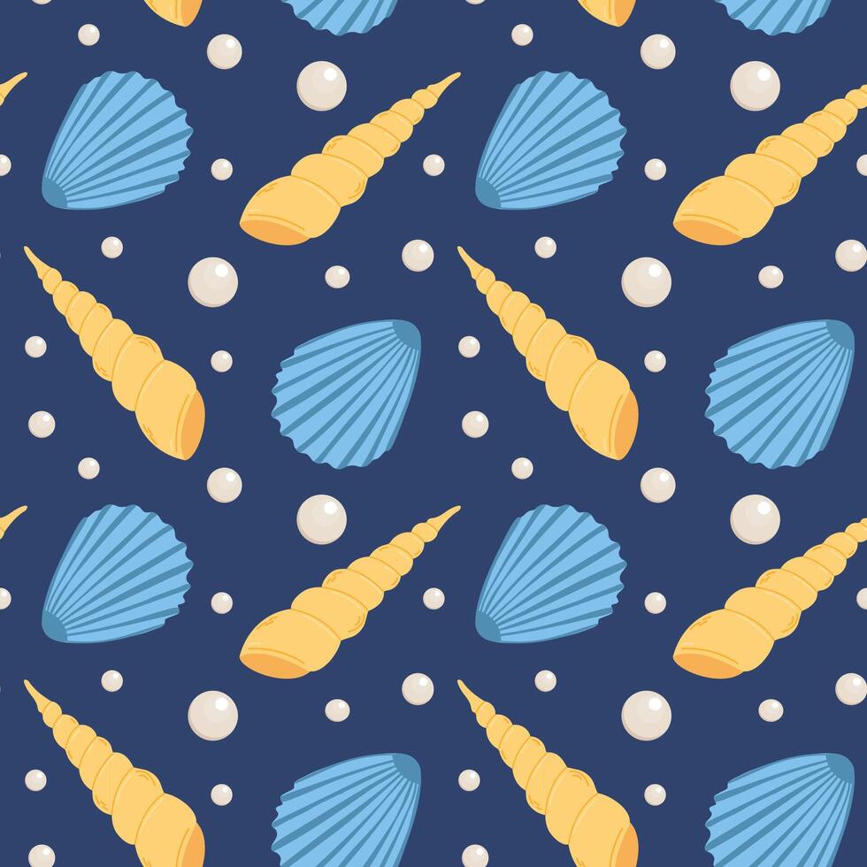 Seamless pattern with shells and pearls. Marine summer background with shells. Trendy pattern in flat style, design for wrapping paper, wallpaper, stickers, notebook cover. vector