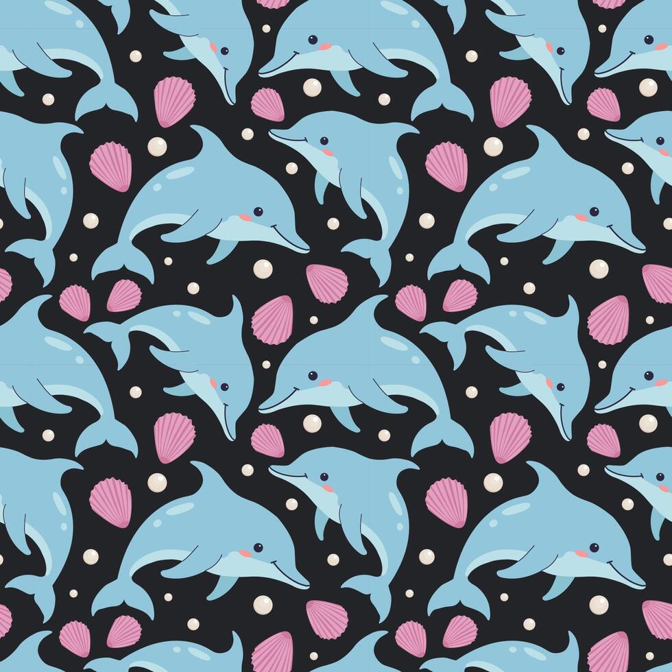 Seamless pattern with dolphins, shells on black background. Marine summer background. Trendy pattern in flat style, design for wrapping paper, wallpaper, stickers, notebook cover. vector