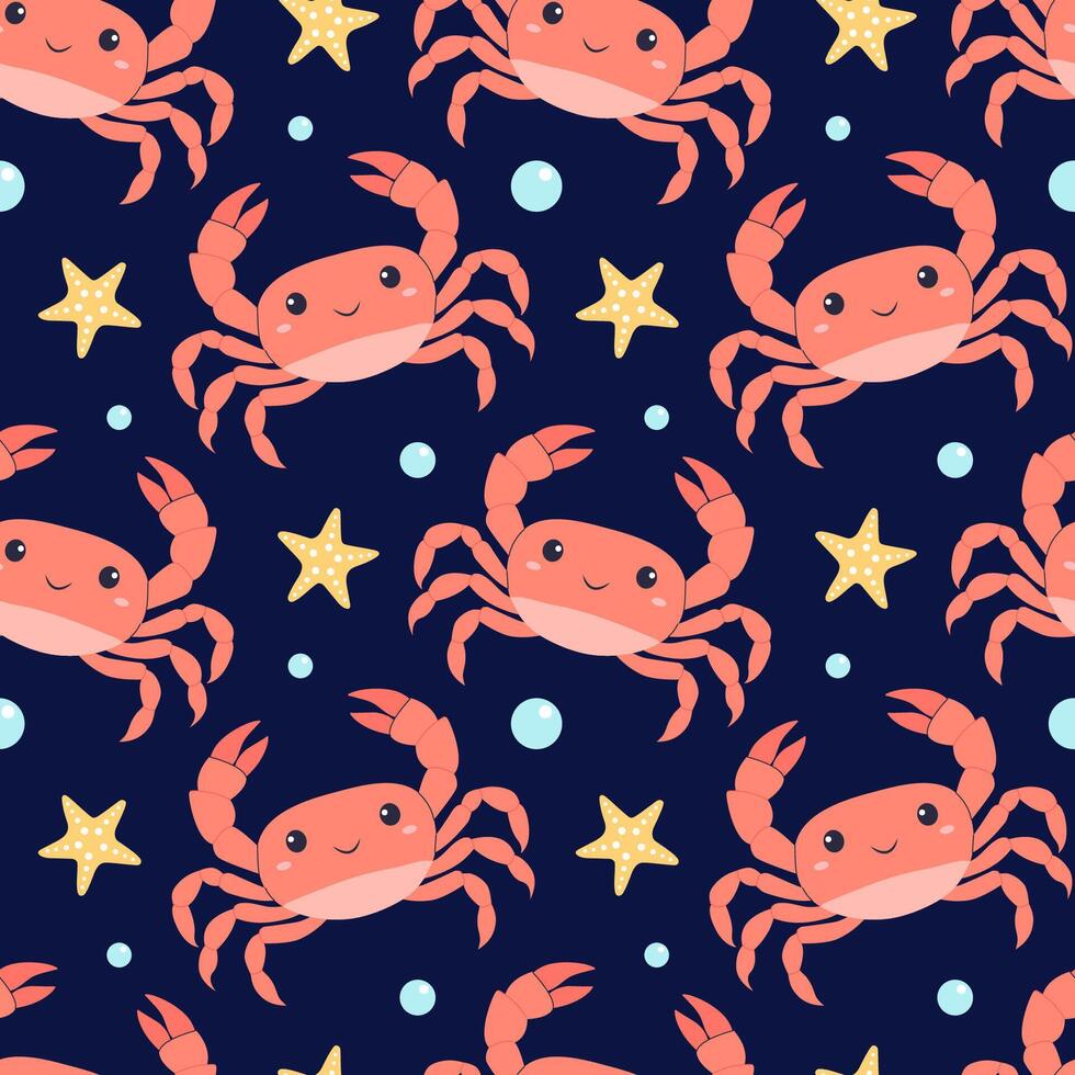 Seamless pattern with cute crabs and starfish. Marine summer background. Trendy pattern in flat style vector