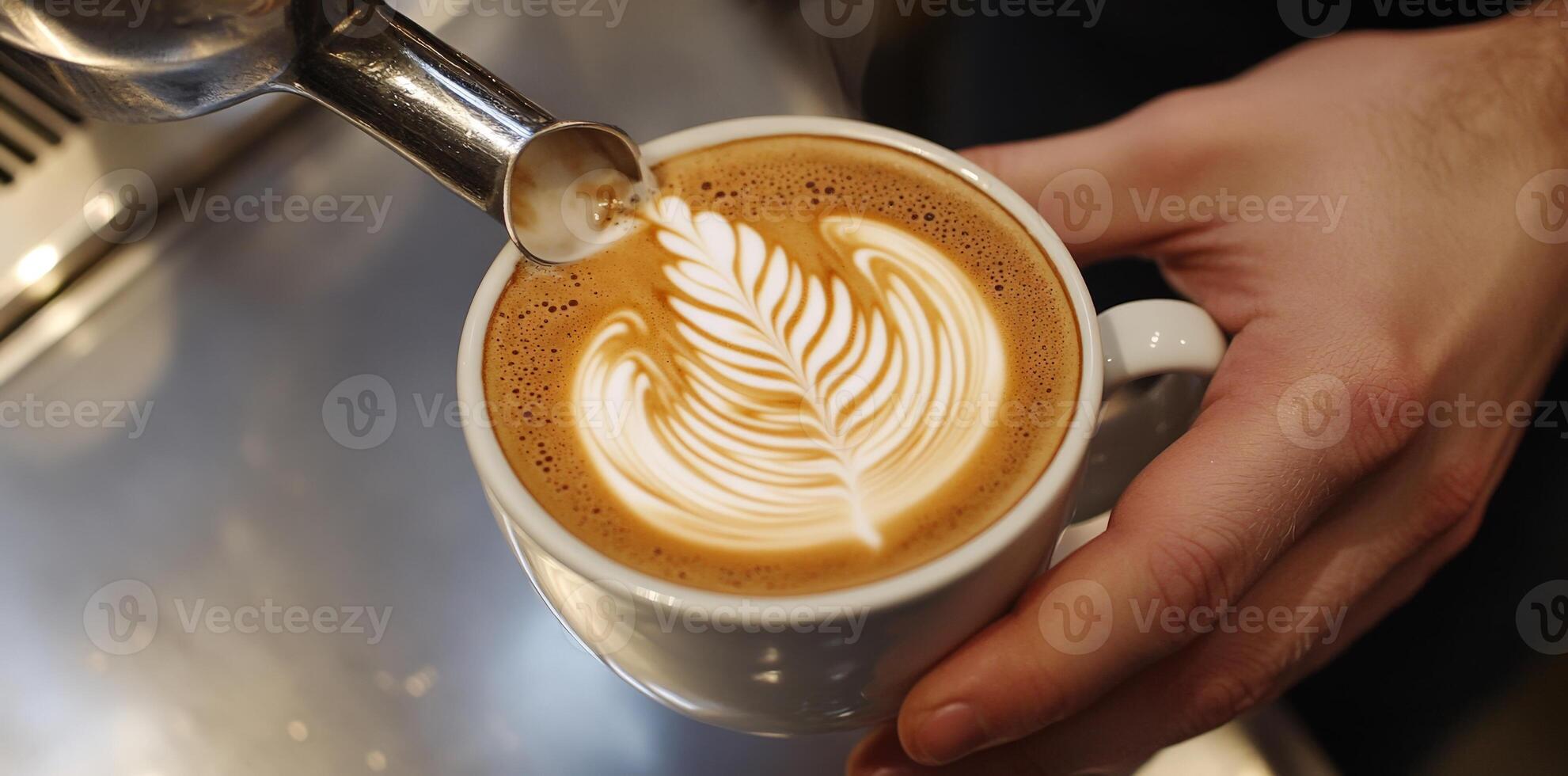 Barista Pouring Steaming Milk into Latte Art with Leaf Design photo
