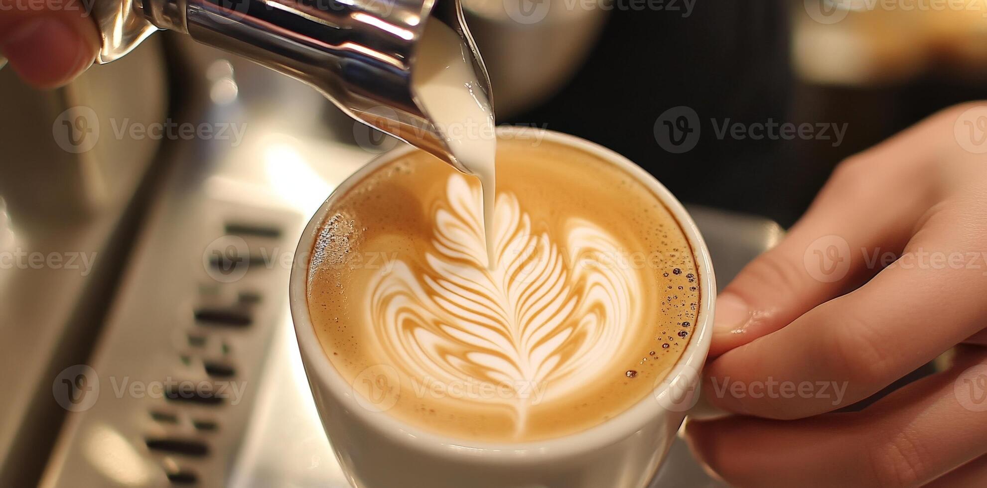Barista Pouring Milk Into Coffee Cup Creating Latte Art With Close-Up View In Cafe Setting photo