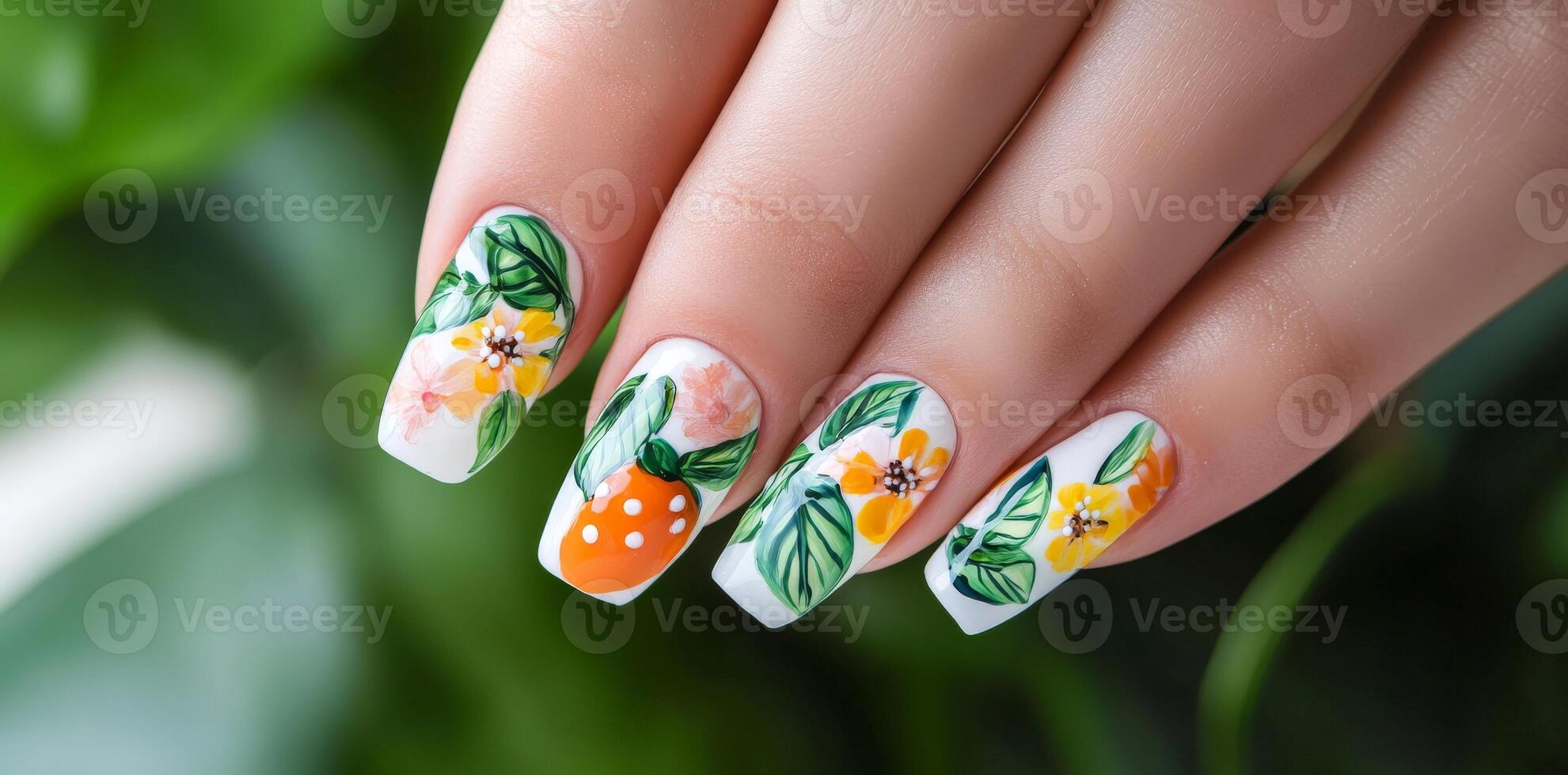 Close-Up Of A Hand Displaying Painted Fingernails With Floral Art Against Green Blurred Background photo