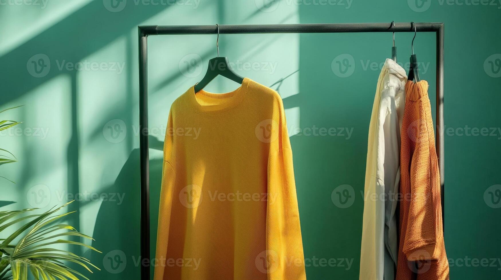 Clothes Rack Displayed Against Teal Wall Featuring Yellow Sweater and Warm Lighting photo