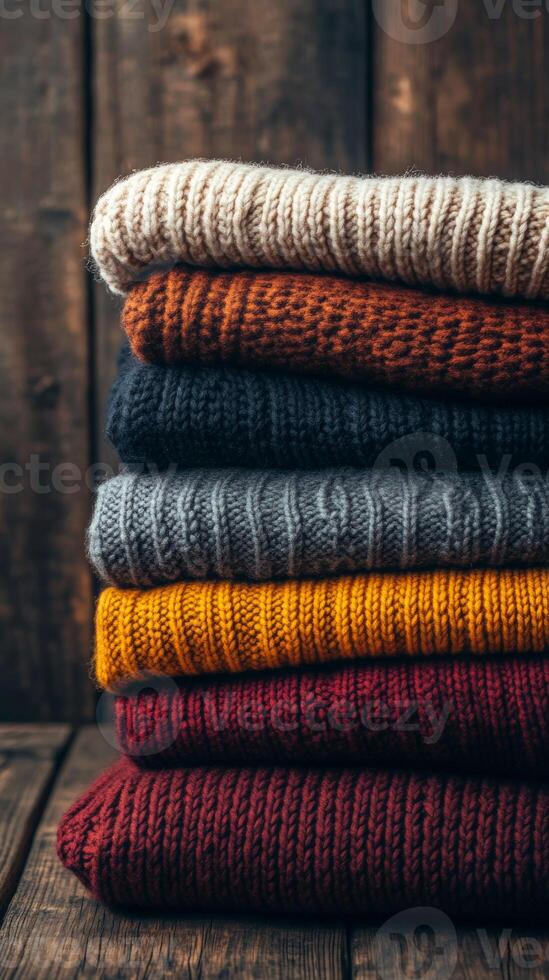 Stack Of Colorful Folded Sweaters In Various Hues On Wooden Surface Creating Warm Autumn Feel photo
