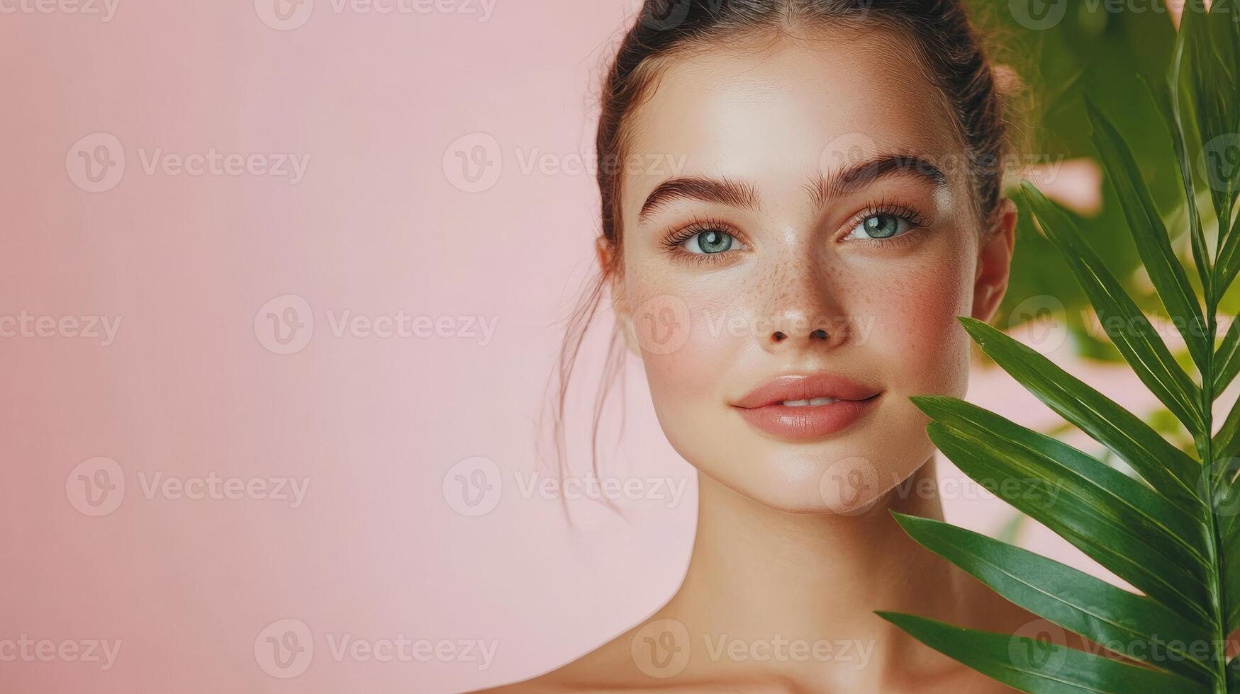 Young Woman's Portrait With Radiant Skin Framed By Green Foliage On Soft Pink Background photo