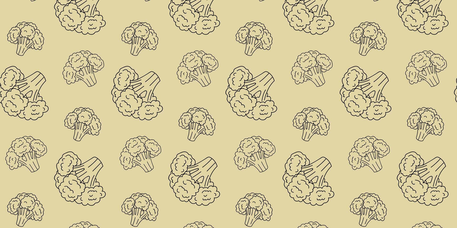 Pattern of hand-drawn broccoli on a soft yellow background showcasing a playful vegetable design vector