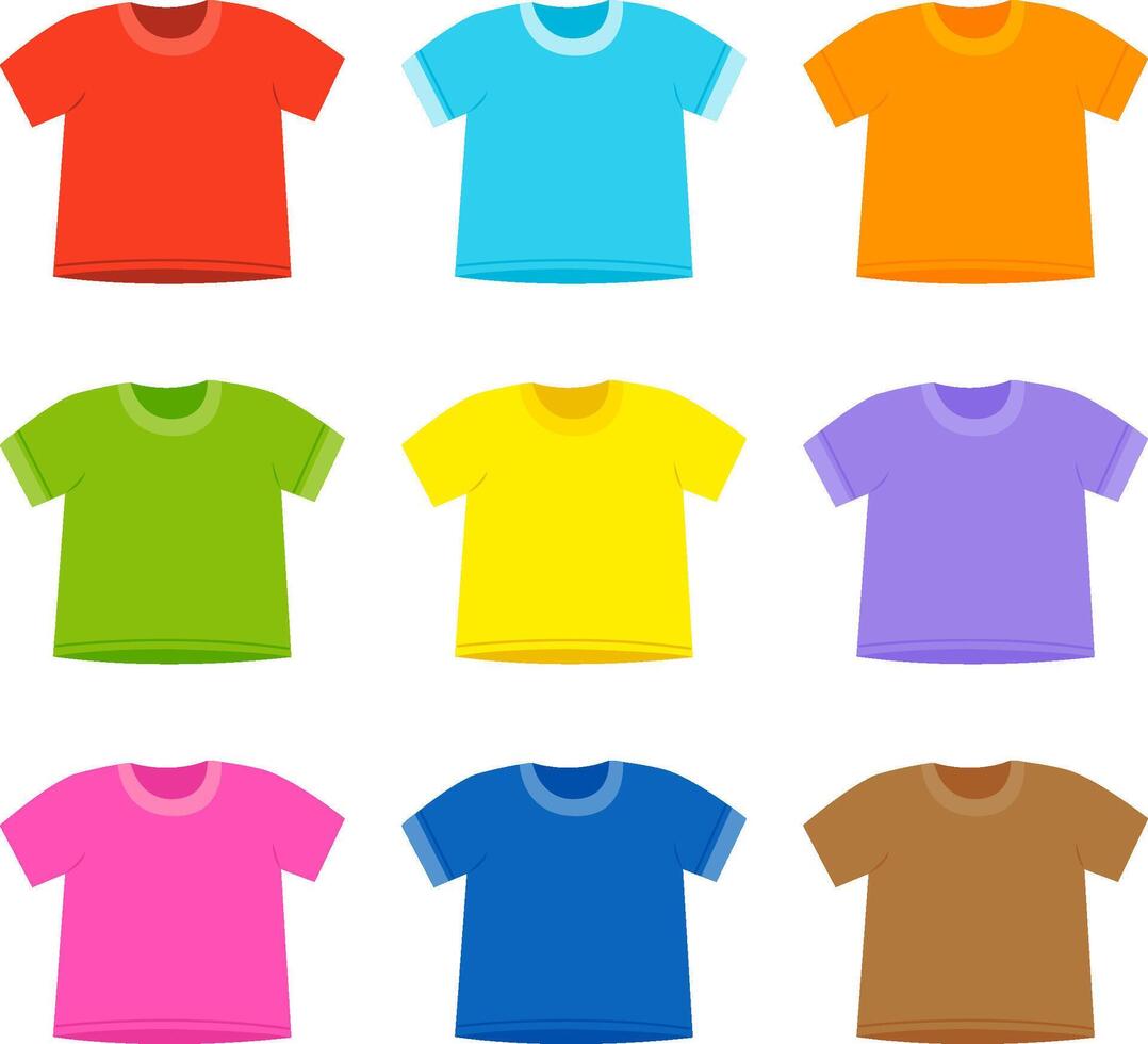 T-shirt collection of different colors. T shirts for children, toddlers and little kids, boys and girls. Blank textile print template mock up sketch for fashion clothing. vector