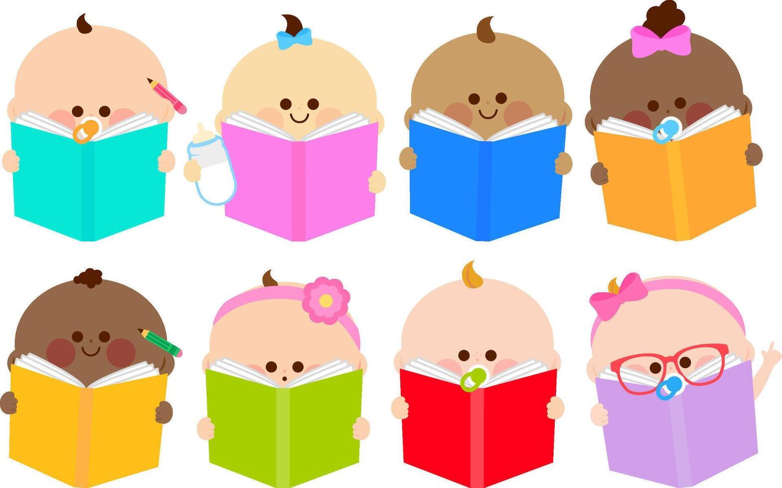 Happy smart babies reading books. Library and literature cartoon for kids. Cute boy and girl with story book for toddlers and little children. vector