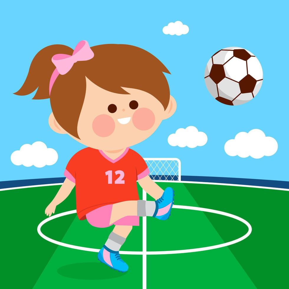 A happy child, little girl plays football at the soccer stadium. Soccer player kid kicking a ball at the stadium. vector