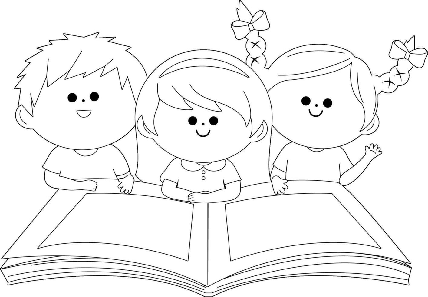 Children reading an open book. Student kids at the library study their homework. Black and white coloring page. vector