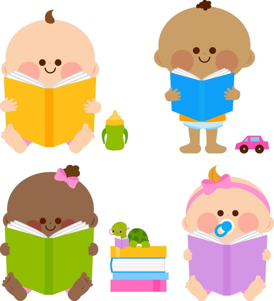 Happy babies reading books. Library and literature cartoon for kids. Cute boy and girl with story book for toddlers and little children. vector