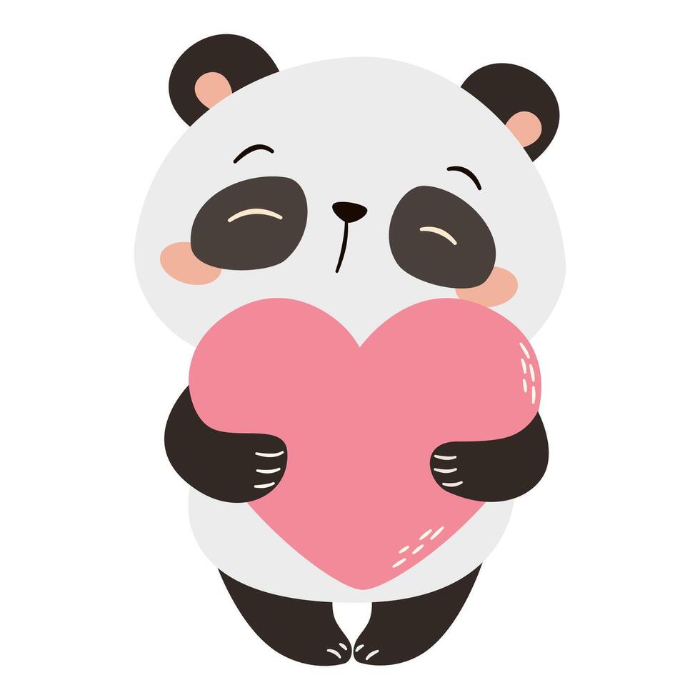 Cute panda in love holding a big heart, valentine's day illustration. Flat illustration in simple childish style vector