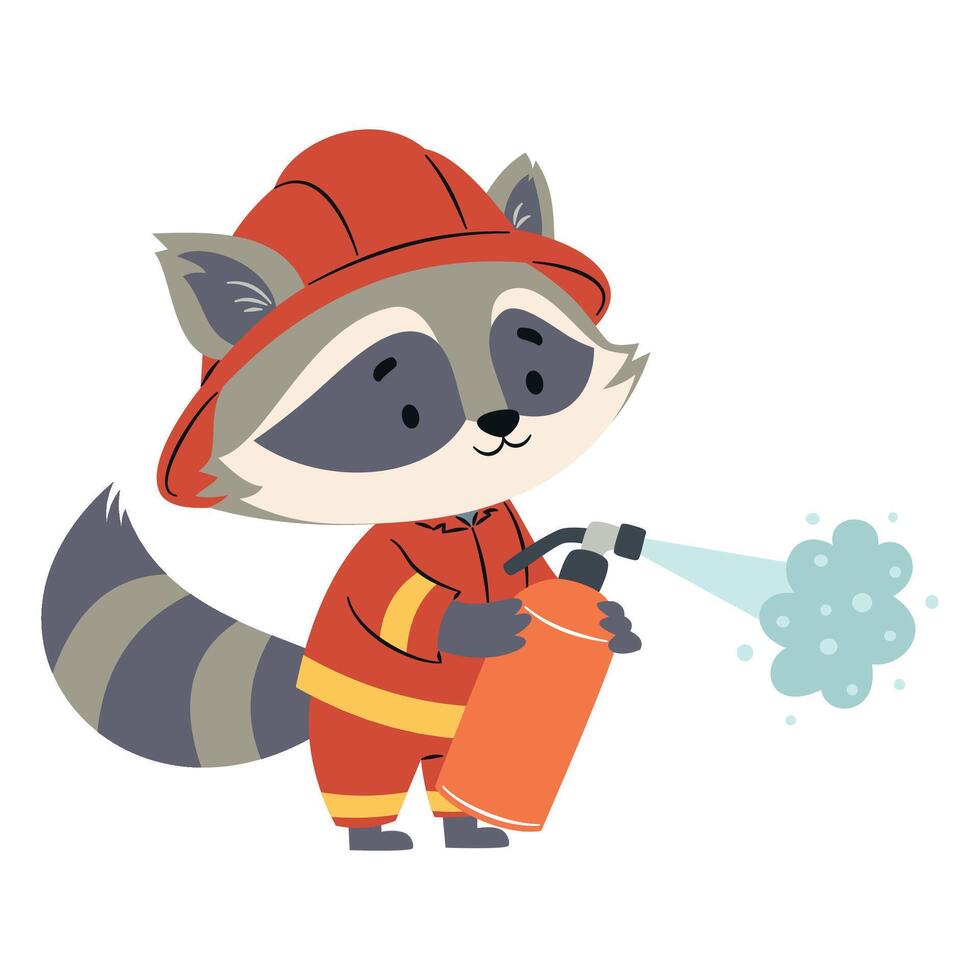 Flat illustration in a simple childish style. Cute raccoon in fireman costume putting out fire with fire extinguisher on white background vector