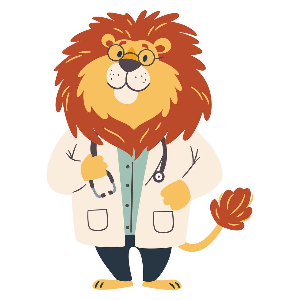 Cute lion in a doctor's suit. Flat illustration in simple child style on white background vector