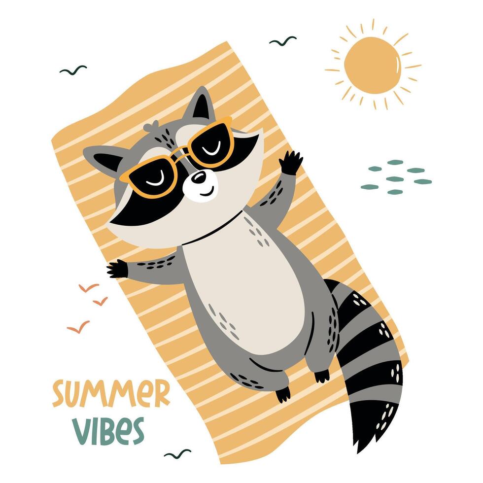 Flat illustration in a simple children's style. Cute raccoon in sunglasses lying on a towel and sunbathing on white background, lettering vector