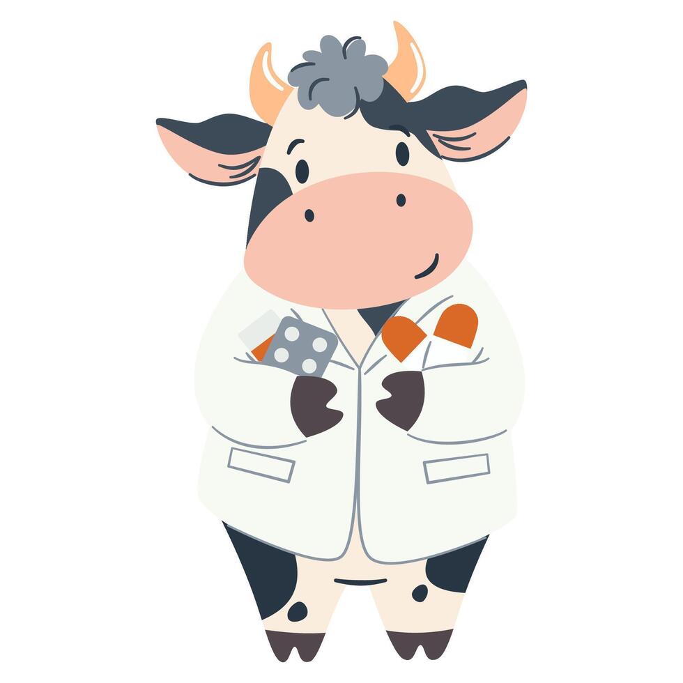 Cute cow doctor and nurse, holding medicine, wearing a white coat. Flat illustration in simple child style on white background vector