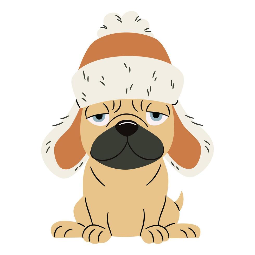 Cute disgruntled bulldog sitting in an ushanka hat. Flat illustration in simple children's style vector
