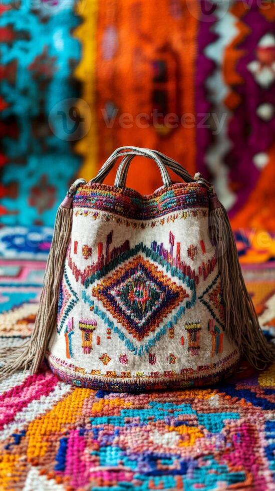 Embroidered Handbag on a Colorful Rug. photo